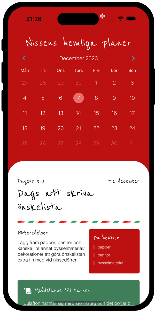 printscreen of calendar view in the Nissebus app